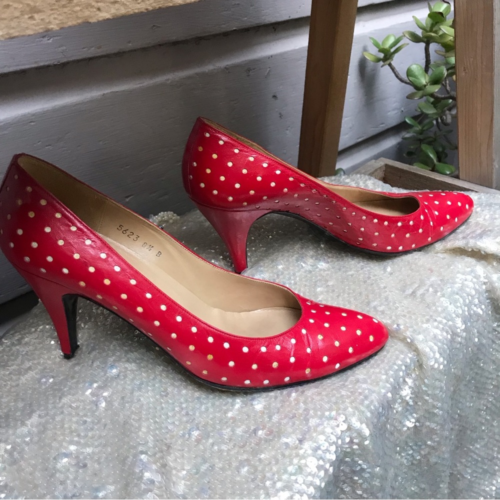 Vintage red polka dot leather  heels. Charles jourdan Sz 81/2
